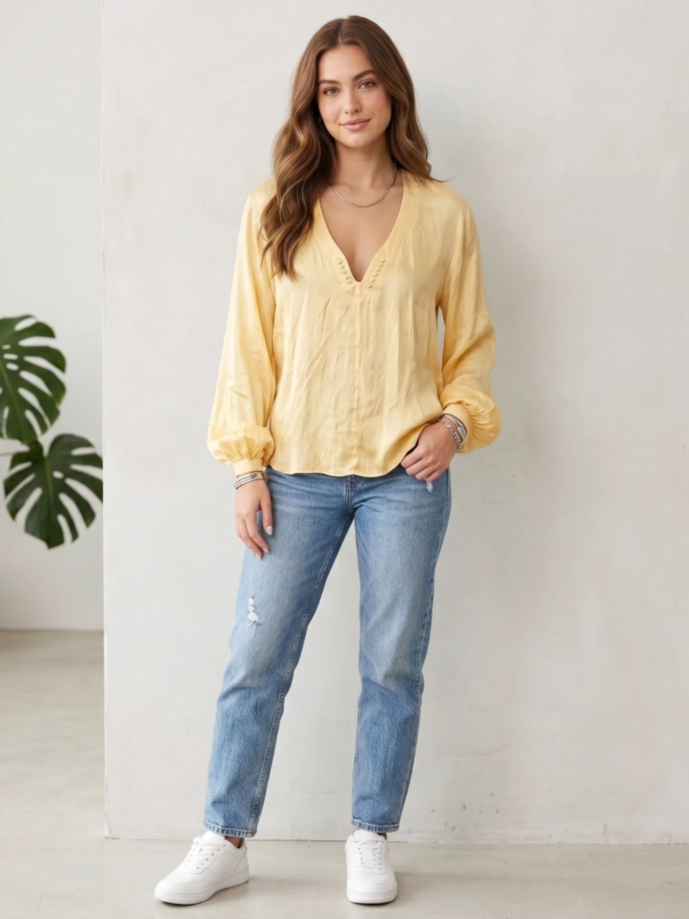 Zadig & Voltaire Pale Yellow Silk V-Neck Blouse
